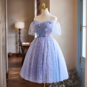 LY-PD0083 kadın abiye seksi kısa kollu diz boyu 3D çiçekler nakış doğal kısa etek parti önlük balo - Product Image 2