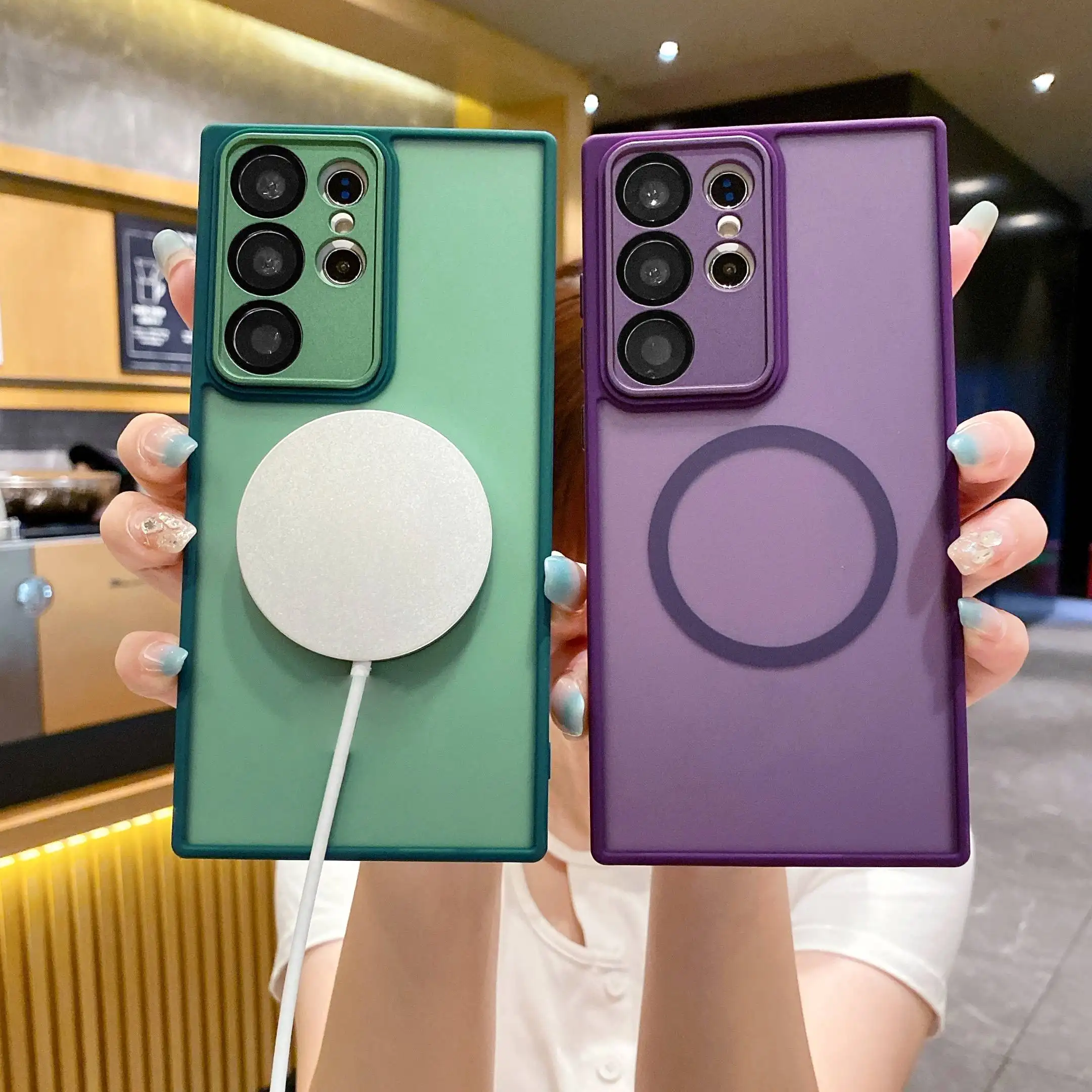 Frosted Skin Sense Magnetic Phone Case For Samsung S24 S23 S22 Ultra Mobile Phone Cases Full Cover Lens with Glass Lens Film