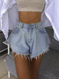 Pantalones cortos de mezclilla para mujer con cintura Mig Primavera Verano Pantalones cortos de empalme con agujeros de mezclilla Sexy Club Loose Tassel Booty Shorts - Product Image 4