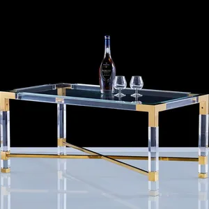 स्पष्ट एक्रिलिक कॉफी टेबल, एक्रिलिक खाने की मेज के साथ पीतल पैर