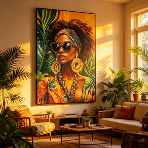 <span class=keywords><strong>Tableau</strong></span> mural en cristal <span class=keywords><strong>Femme</strong></span> africaine tropicale, <span class=keywords><strong>Peinture</strong></span> diamantée avec lunettes de soleil scintillantes et boucles d'oreilles dorées pour la décoration du salon - Product Image 2