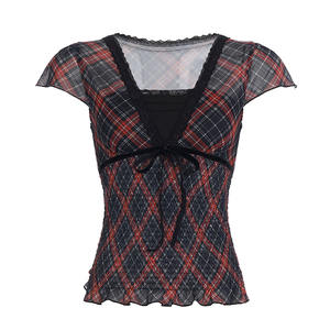 Y2K Plaid Women <b>Top</b> Lace <b>Patchwork</b> V Neck Lace Up Bow Short Sleeve Slim Fit Sexy Sweet T Shirt - Product Image 6