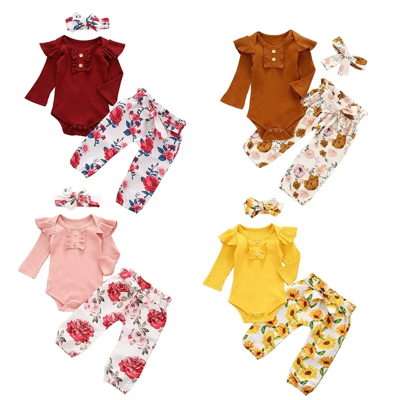 Baby Clothes Set Pink Ruffle Flower Print Long Sleeve Romper Bodysuit Pants With Headband Baby Girls 3Pcs Romper Pants Set