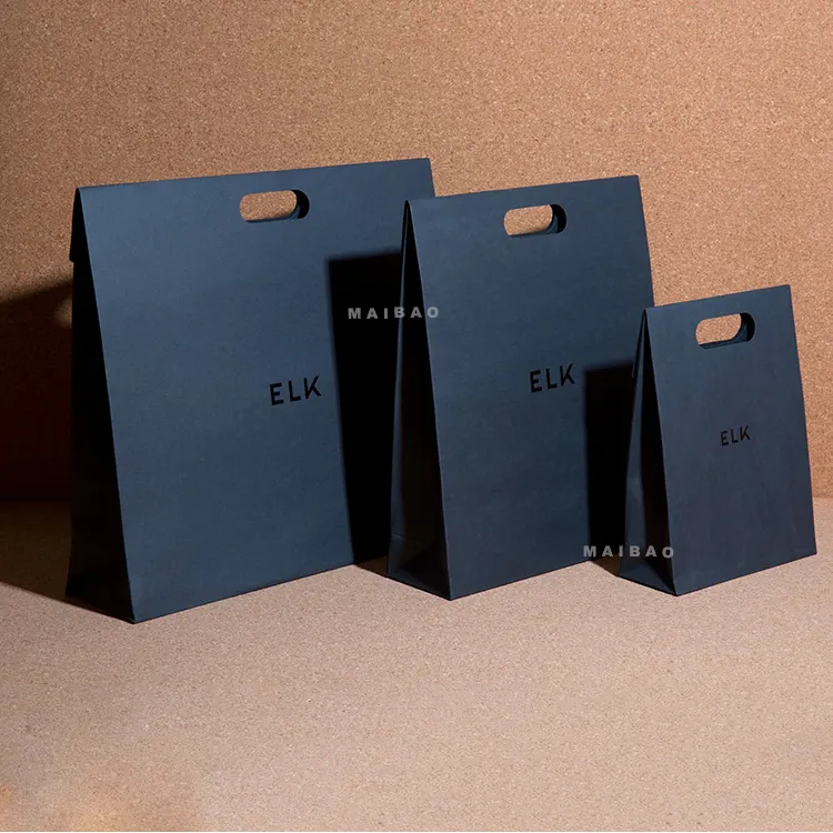 Atacado Vestuário Perfume Embalagem Jóias Gift Shopping Paper Bag Logotipo Personalizado Luxo Preto Moderno Die Cut Sacos De Papel Originais