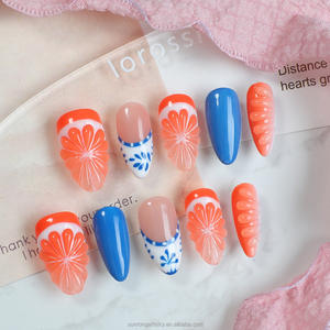 Ongles artificiels tendance été, <span class=keywords><strong>manucure</strong></span> 3D, simulation <span class=keywords><strong>orange</strong></span> ombré, courts, ovales, faits à la main, à presser - Product Image 3