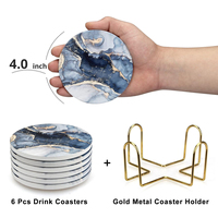 Ensemble de 6 sous-verres ronds en céramique bleu marine marbré abstrait avec support, les meilleurs sous-verres absorbants pour la décoration de table basse