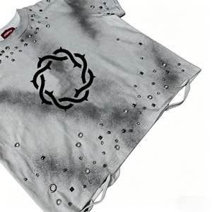 Camiseta Oversize de Hombre <span class=keywords><strong>con</strong></span> Estampado Personalizado, Estilo Vintage, Lavado Ácido, Detalles Metálicos y Efecto Desgastado - Product Image 3