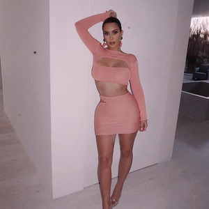 Women's Two Piece <b>Set</b> Pink Hollow <b>Knitted</b> Long Sleeve Top And Mini Skirt Casual Outfit - Product Image 1