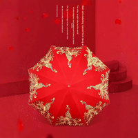 Parasol de Mariage Rouge Style Chinois à Long Manche en Alliage, 8 Baleines, Manuel, Protection UV 190T, Parapluie Droit