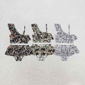 Traje de Baño de una Pieza para Bebés Niñas, Manga Larga, Transpirable, de Nailon/Algodón, con Estampado Floral y Rayas Color Durazno, con Volantes - Product Image 1