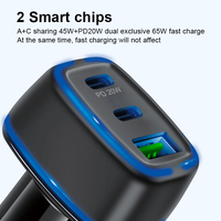 Pengisi daya ponsel tiga Port, pengisi daya ponsel daya tinggi 65W dengan 2 CIP cerdas & LED, adaptor tiga Port PD QC 3 Port