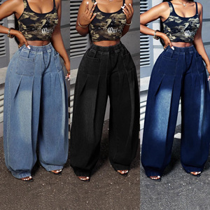 <span class=keywords><strong>Jeans</strong></span> Vintage Blu Lavato Effetto Stropicciato a Gamba Larga, Vestibilità Rilassata e Morbida, Modello Lanterna, da Donna Taglie Forti, <span class=keywords><strong>con</strong></span> <span class=keywords><strong>Vita</strong></span> Elastica - Product Image 2