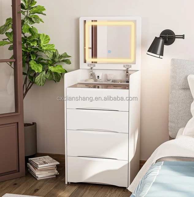 Modern Simple Multi-Functional Flip Top Dressing Table with Lighted Small Mirror Storage Cabinet Wood Panel Bedroom Furniture