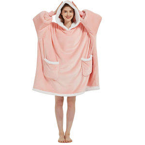 Polyester <strong>Long</strong> Sleeve Sherpa Inside Flannel Soft Fleece Oversize Warm Full Length Pink Wearable Blanket <strong>Hoodie</strong> for Men and Women - Product Image 4