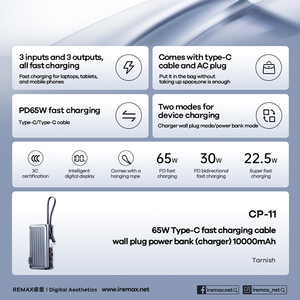 CP-11 65W <b>Type</b>-<b>C</b> Fast Charging <b>Cable</b> Wall Plug Power Bank(<b>charger</b>) 10000mAh CP-11 65W USB-<b>C</b> PD Fast Charging Power Bank CP-11 - Product Image 5
