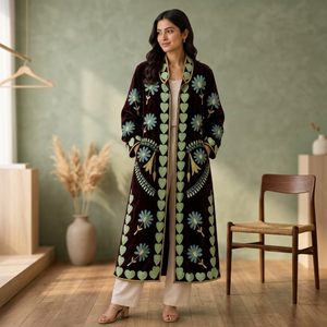 <b>Women</b> Hand <b>Embroidered</b> Suzani Velvet Coat Dark Plum Maroon Floral Heart Motif Long Duster <b>Jacket</b> Open Front Kimono Robe Boho - Product Image 5