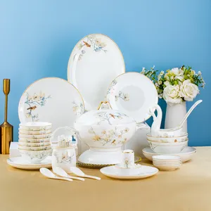 60 buah Set alat makan mewah mudah dibersihkan porselen tulang gaya Tiongkok baru bunga dan burung peralatan makan keramik
