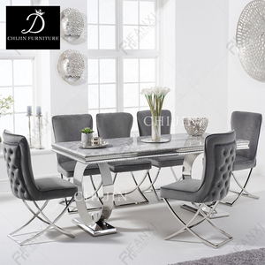 Bộ bàn ăn hiện đại 6 người, mặt bàn kính đá cẩm thạch, khung thép không gỉ, gồm bàn và ghế, bộ bàn ăn - Product Image 3