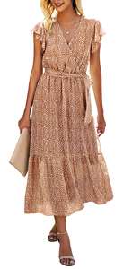 Femmes bohème col en V à volants robe sans manches dames a-ligne plissée Midi robe d'été robes décontractées pour les femmes - Product Image 3