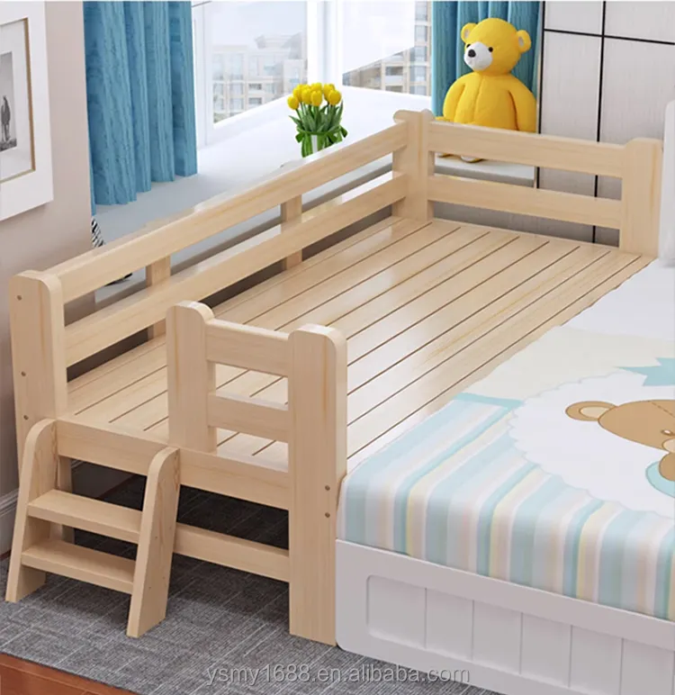 Children home living room natural solid wood modern bed frame with guardrail