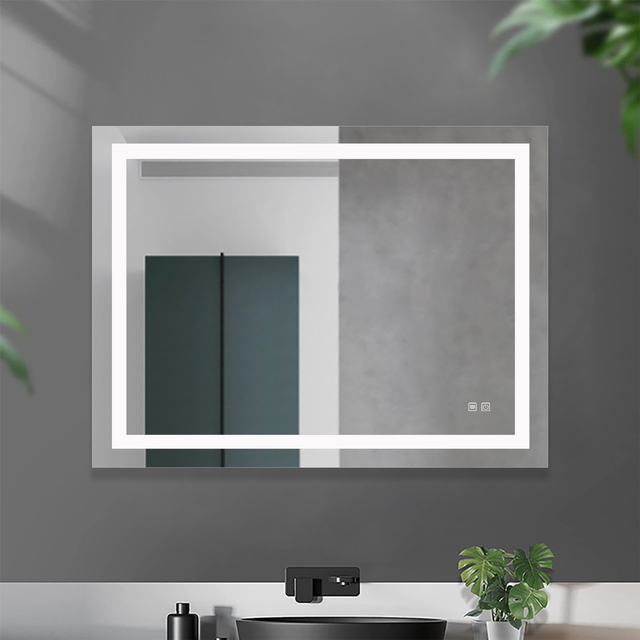 Modern Rectangular LED Wall Mounted Smart Bathroom Mirror with Light Color Change Brightness Dimmer & Anti-Fog Functions