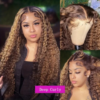 Perruque Lace Frontale 13x4 pour Femme, Courte Bouclée avec Mèches, pour Coiffure Longue Ondulée Naturelle, en Fibre Haute Température, Aspect Naturel
