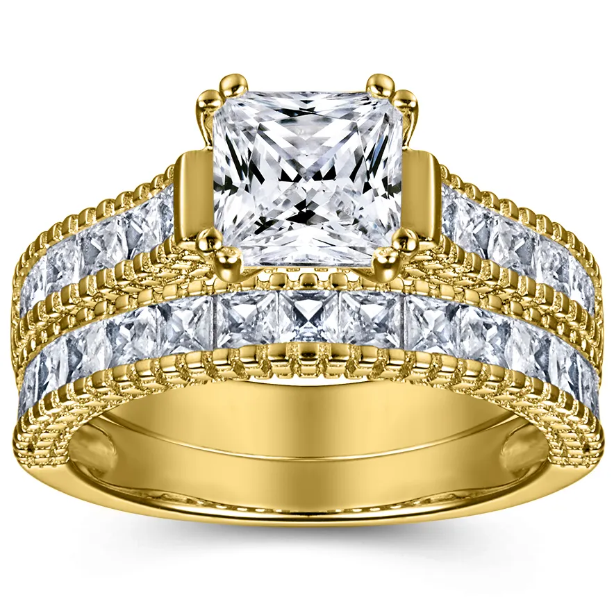 Set Cincin Emas Turki Princess Cut CZ 10K 14K 18K Emas Tidak Memudar Perhiasan Cincin Kawin