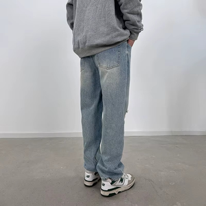 Jean décontracté pour homme 100% coton coupe droite, délavage enzymatique et effet vieilli, style Hip Hop, tissé, coupe régulière, haute qualité - Product Image 3