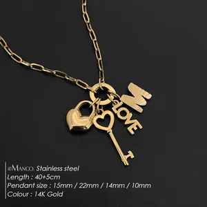 Collana a catena in acciaio inossidabile eManco, stile romantico minimalista con ciondoli a forma di cuore con scritta LOVE, chiave e lucchetto, gioielli fai da te. - Product Image 2