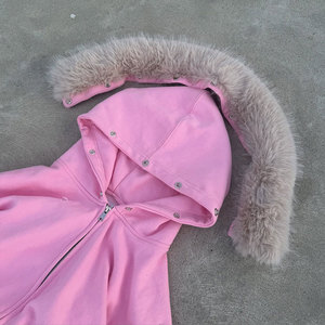 <span class=keywords><strong>Felpa</strong></span> Invernale Huili da Uomo <span class=keywords><strong>Oversize</strong></span> con Cappuccio Staccabile in Pelliccia Sintetica e Cerniera in Spugna Francese Pesante <span class=keywords><strong>Rosa</strong></span> a Tinta Unita con Stampa Logo Personalizzato - Product Image 2