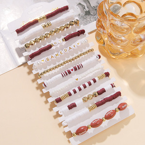 Fashion <b>Beaded</b> <b>Bracelet</b> Set Red White Gold Football Theme Unisex Gift Jewelry - Product Image 2