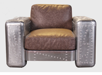Canapé en aluminium de style aviateur antique, rétro, 3 places, salon, design traditionnel avec cuir véritable