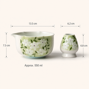 Bulk Hand Painted Green Floral Porcelain Matcha Whisk Kit Scalloped Rim Chawan Chasen Sifter Scoop Holder Japanese Design - Product Image 2