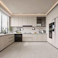 Ensemble d'armoires de cuisine modernes en forme de L, en bois grainé, armoires de cuisine modulaires avec comptoir en marbre et portes sans poignées