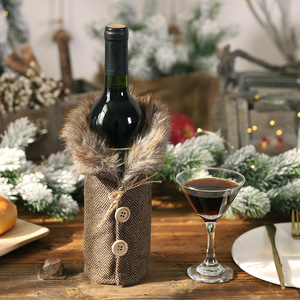 Christmas Plaid Faux Fur Wine Bottle Cover Button Design Wine Bottle Sleeve Xmas Dinner <b>Table</b> Party Decorative Wine Bottle - Product Image 3
