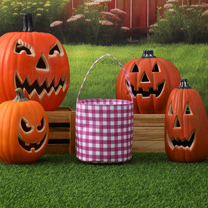 Secchiello per dolcetti di Halloween personalizzato in tessuto morbido effetto pelle di pesca, con motivo scozzese classico, riutilizzabile, cestino per bomboniere di Halloween - Product Image 4