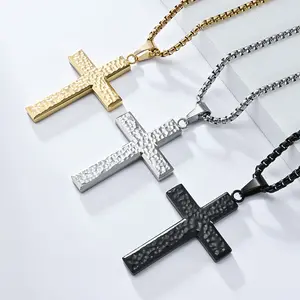 Roestvrijstalen Grote Getextureerde Kruis Hanger Ketting Titanium Staal Gehamerd Crucifix Ketting Voor Mannen