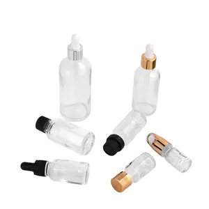 Garrafa de vidro vazia transparente, venda no atacado, garrafa de vidro transparente com tampa dourada preta e branca 5ml 10ml 15ml 20ml 30ml 50ml 100m