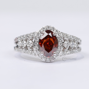 Bague de mariage tendance pour femme en or massif 18 carats, taille ajustable, avec diamant ovale brun de 1,82 carats, cultivé en laboratoire (CVD/HPHT), serti halo et à double sertissage. - Product Image 1