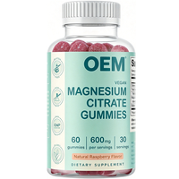 Gomitas Veganas de Citrato de Magnesio OEM, 600 mg por Porción, 60 Gomitas, 30 Porciones, Sabor Natural a Frambuesa, Suplemento Dietético