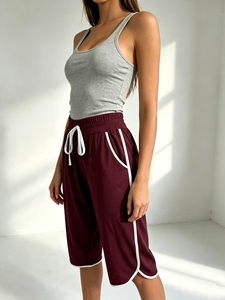 SWEET BABE Pantalones de verano informales de punto de color liso para mujer, hasta la rodilla, con cordón en la cintura, ajuste holgado y decoración de rayas laterales - Product Image 2
