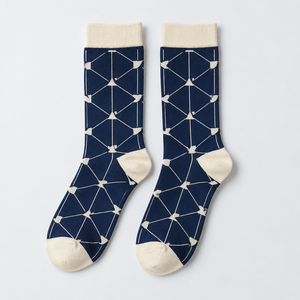 Calze Personalizzate Ricamate con Motivi Geometrici, Calze Regalo per Eventi, Calze Marine <span class=keywords><strong>Ecru</strong></span> con Zone in Rete, Design Artistico, in Poliestere e Cotone, Lavorazione a Maglia Ripetuta - Product Image 1