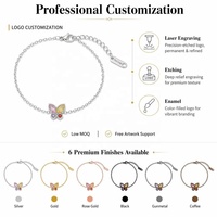 Bracelet à breloque papillon en acier inoxydable plaqué or 18 carats avec logo personnalisé, pierres de cristal colorées, chaîne réglable pour femmes