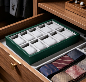<b>Green</b> Leather Material Modern Square Watch Display Tray Organizer Fashion Jewelry Container with <b>Velvet</b> Lining - Product Image 3