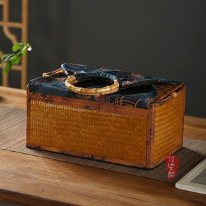 Handmade Bamboo Woven Tea Box Rectangle Portable With Compartments For Storing Tea Sets Gift Craft - Product Image 1