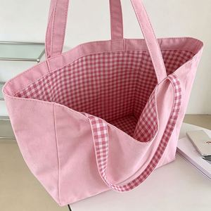 Plaid Double Sided Canvas Tote <b>Pink</b> Reversible Shoulder Bag With Dual Handles - Product Image 2