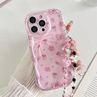 Coque de téléphone portable populaire à motif nœud rose avec chaîne pour iPhone 16 15 17 18 Pro Max, motif crème, coque arrière