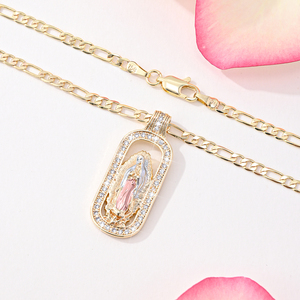 Collar con Colgante <span class=keywords><strong>de</strong></span> <span class=keywords><strong>la</strong></span> <span class=keywords><strong>Virgen</strong></span> <span class=keywords><strong>de</strong></span> Guadalupe, Cadena con Eslabones, Chapado en <span class=keywords><strong>Oro</strong></span> <span class=keywords><strong>de</strong></span> 14k, Zirconia, Romántico, Religioso, Unisex, Latón - Product Image 3