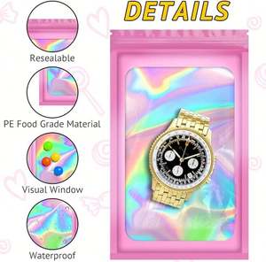 Bolsa con cierre hermético plano holográfico Rosa personalizable bolsas de plástico con calor de arcoíris impermeables para embalaje de alimentos recerrables - Product Image 4