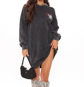 High Street Lady Acid Wash Long Sleeve Sweatshirt Dress Stylish Round Neck Simple Plain Tunic Pullover Sweatshirt
